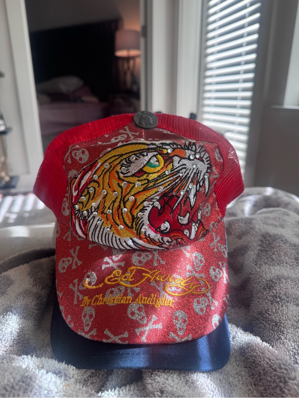 Christian Audigier Red Tiger Embroidered Trucker Hat
